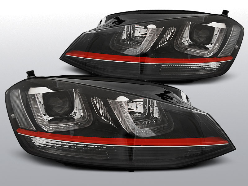 VW GOLF 7 - Přední světla U-TYPE TRU DRL GTI LOOK RED LINE - Černá